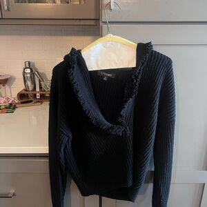 INTERMIX Black Ribbed Fringed Cowl Sweater